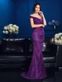 Sheath/Column Off-the-Shoulder Sweep Train Lace Mother of the Bride Dresses With Lace