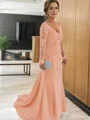 Sheath/Column V-neck Sweep Train Tulle Mother of the Bride Dresses With Appliques Lace