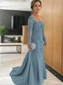 Sheath/Column V-neck Sweep Train Tulle Mother of the Bride Dresses With Appliques Lace