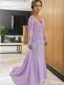 Sheath/Column V-neck Sweep Train Tulle Mother of the Bride Dresses With Appliques Lace