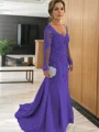 Sheath/Column V-neck Sweep Train Tulle Mother of the Bride Dresses With Appliques Lace