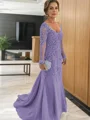 Sheath/Column V-neck Sweep Train Tulle Mother of the Bride Dresses With Appliques Lace
