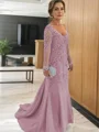Sheath/Column V-neck Sweep Train Tulle Mother of the Bride Dresses With Appliques Lace