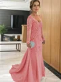 Sheath/Column V-neck Sweep Train Tulle Mother of the Bride Dresses With Appliques Lace