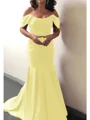 Trumpet/Mermaid Off-the-Shoulder Sweep Train Silk Like Satin Mother of the Bride Dresses With Ruffles