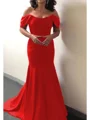 Trumpet/Mermaid Off-the-Shoulder Sweep Train Silk Like Satin Mother of the Bride Dresses With Ruffles