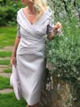 Sheath/Column V-neck Tea-Length Satin Mother of the Bride Dresses With Ruffles