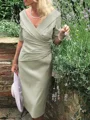 Sheath/Column V-neck Tea-Length Satin Mother of the Bride Dresses With Ruffles
