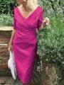 Sheath/Column V-neck Tea-Length Satin Mother of the Bride Dresses With Ruffles