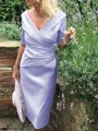 Sheath/Column V-neck Tea-Length Satin Mother of the Bride Dresses With Ruffles