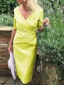 Sheath/Column V-neck Tea-Length Satin Mother of the Bride Dresses With Ruffles