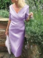 Sheath/Column V-neck Tea-Length Satin Mother of the Bride Dresses With Ruffles
