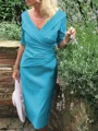 Sheath/Column V-neck Tea-Length Satin Mother of the Bride Dresses With Ruffles