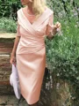 Sheath/Column V-neck Tea-Length Satin Mother of the Bride Dresses With Ruffles