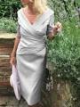 Sheath/Column V-neck Tea-Length Satin Mother of the Bride Dresses With Ruffles