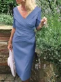 Sheath/Column V-neck Tea-Length Satin Mother of the Bride Dresses With Ruffles