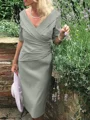 Sheath/Column V-neck Tea-Length Satin Mother of the Bride Dresses With Ruffles