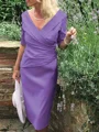 Sheath/Column V-neck Tea-Length Satin Mother of the Bride Dresses With Ruffles