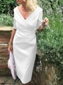 Sheath/Column V-neck Tea-Length Satin Mother of the Bride Dresses With Ruffles