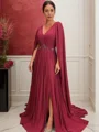 A-Line/Princess V-neck Court Train Chiffon Mother of the Bride Dresses With Leg Slit