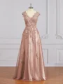 A-Line/Princess V-neck Floor-Length Tulle Mother of the Bride Dresses With Appliques Lace