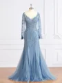 Sheath/Column V-neck Sweep Train Tulle Mother of the Bride Dresses With Appliques Lace