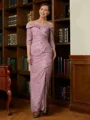 Sheath/Column Off-the-Shoulder Floor-Length Satin Mother of the Bride Dresses With Lace