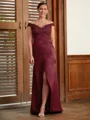 Sheath/Column Off-the-Shoulder Sweep Train Satin Mother of the Bride Dresses With Applique