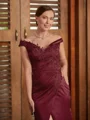 Sheath/Column Off-the-Shoulder Sweep Train Satin Mother of the Bride Dresses With Applique