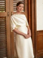 A-Line/Princess Off-the-Shoulder Tea-Length Charmeuse Mother of the Bride Dresses With Ruffles
