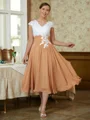 A-Line/Princess V-neck Tea-Length Chiffon Mother of the Bride Dresses With Lace