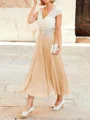 A-Line/Princess V-neck Tea-Length Chiffon Mother of the Bride Dresses With Lace Applique