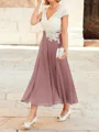 A-Line/Princess V-neck Tea-Length Chiffon Mother of the Bride Dresses With Lace Applique