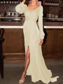 Sheath/Column V-neck Sweep Train Silk like Satin Mother of the Bride Dresses With Ruched