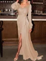 Sheath/Column V-neck Sweep Train Silk like Satin Mother of the Bride Dresses With Ruched