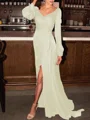 Sheath/Column V-neck Sweep Train Silk like Satin Mother of the Bride Dresses With Ruched