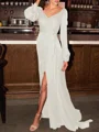 Sheath/Column V-neck Sweep Train Silk like Satin Mother of the Bride Dresses With Ruched