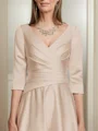 A-line V-neck 3/4 Sleeves Pleated Tea-Length Satin Mother of the Bride Dress
