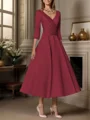 A-line V-neck 3/4 Sleeves Pleated Tea-Length Satin Mother of the Bride Dress