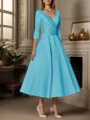 A-line V-neck 3/4 Sleeves Pleated Tea-Length Satin Mother of the Bride Dress