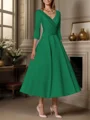 A-line V-neck 3/4 Sleeves Pleated Tea-Length Satin Mother of the Bride Dress