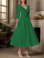 A-line V-neck 3/4 Sleeves Pleated Tea-Length Satin Mother of the Bride Dress