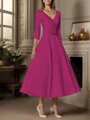 A-line V-neck 3/4 Sleeves Pleated Tea-Length Satin Mother of the Bride Dress