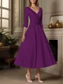A-line V-neck 3/4 Sleeves Pleated Tea-Length Satin Mother of the Bride Dress