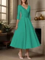 A-line V-neck 3/4 Sleeves Pleated Tea-Length Satin Mother of the Bride Dress