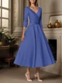 A-line V-neck 3/4 Sleeves Pleated Tea-Length Satin Mother of the Bride Dress