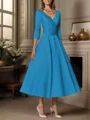 A-line V-neck 3/4 Sleeves Pleated Tea-Length Satin Mother of the Bride Dress