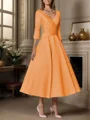 A-line V-neck 3/4 Sleeves Pleated Tea-Length Satin Mother of the Bride Dress