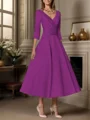 A-line V-neck 3/4 Sleeves Pleated Tea-Length Satin Mother of the Bride Dress