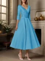 A-line V-neck 3/4 Sleeves Pleated Tea-Length Satin Mother of the Bride Dress